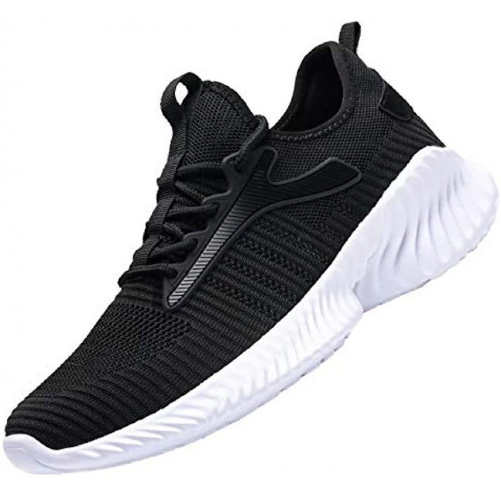 Mens Slip On Walking Shoes Fashion Breathable Mesh Soft Sole Casual Athletic Lightweight Running Sneakers Black-White